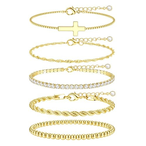 TEN MIRO 16k Chunky Gold Plated Bracelets for Women Waterproof, Womens Gold Plated Bracelet Stack Non Tarnish Stacked Chain Link Bracelets Rope Tennis Ball Wave Cross Bracelet Jewelry Gifts | Amazon (US)