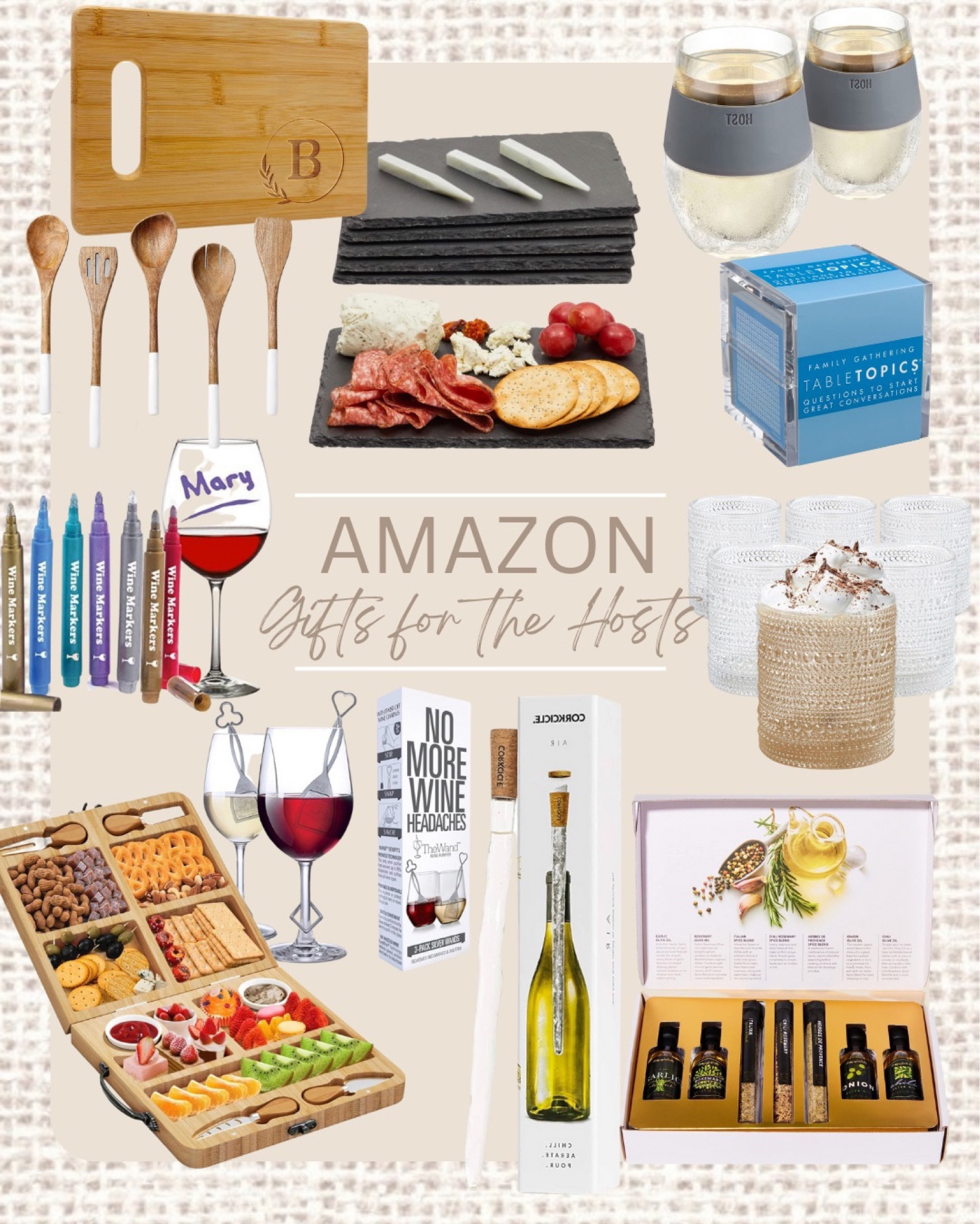 GIFT GUIDE- amazon gifts for the hosts

Holiday gift guide, holiday gift ideas, gift ideas for the host, host gift guide, affordable gifts, amazon gift guide, wine markers, traveling charcuterie board, monogram cutting board, wine wand purifier, table topic cards, insulated wine glasses, free sable wine glasses, cork i or wine chiller, wine chiller with aerator, wine stopper and pourer, 4 in one wine accessory, gourmet cooking oil, gourmet olive oil infused with spices, wooden spoons set, color dipped wooden spoon set, aesthetic wooden spoon set, 6 pack mini slate charcuterie boards, beaded drinking glasses, aesthetic drinking glasses, glassware
#hostgiftguide #amazongiftguide


#LTKhome #LTKGiftGuide #LTKHoliday