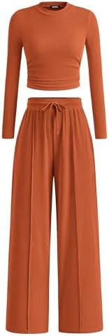 BTFBM Casual 2 Piece Sets For Women Fall Outfits 2025 Ribbed Long Sleeve Crop Top Wide Leg Pants ... | Amazon (US)
