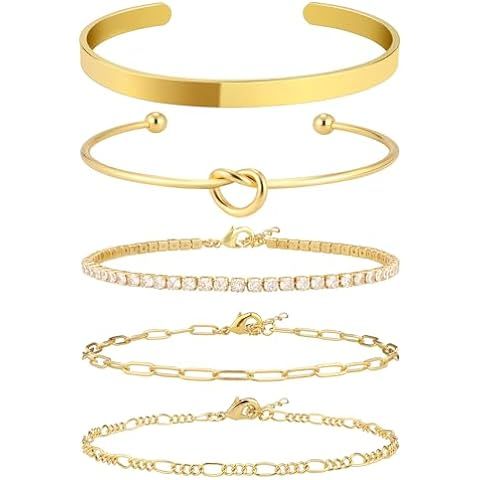 Gold Bangle Cuff Bracelets for Women 14k Gold Plated Cubic Zirconia Tennis Bracelet Non tarnish L... | Amazon (US)