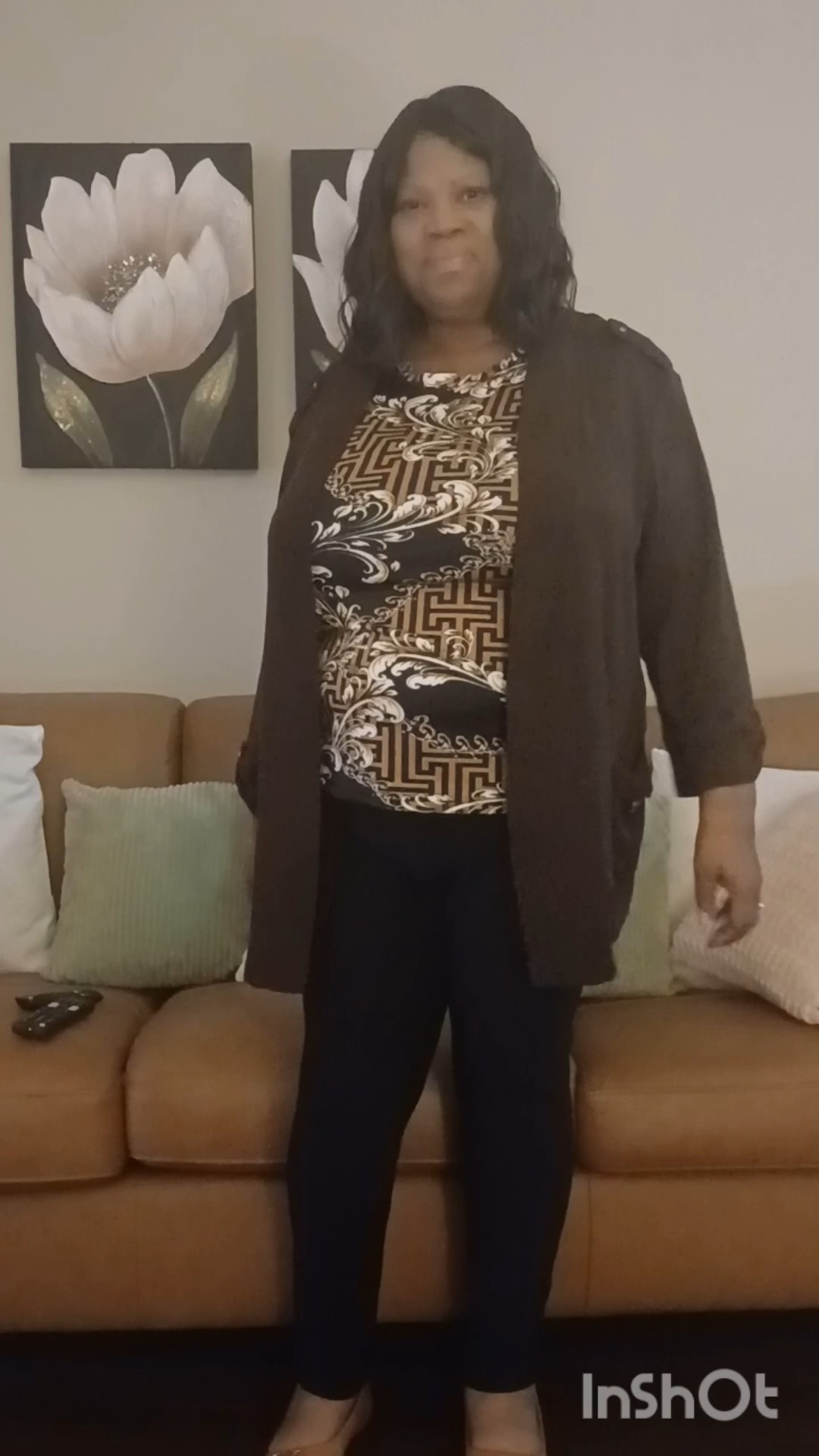 Greek Key design top with black pants, brown cardigan, caramel shoes. Also Greek Key earrings, and dresses. #ad

#LTKOver40 #LTKPlusSize