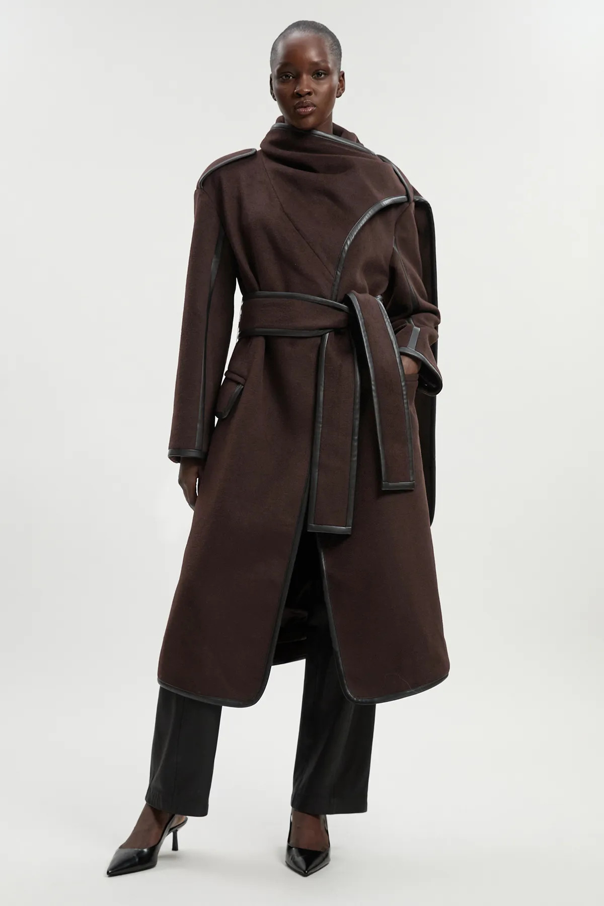 Brushed Wool Pu Mix Scarf Neck Belted Tailored Maxi Coat | Karen Millen UK + IE + DE + NL