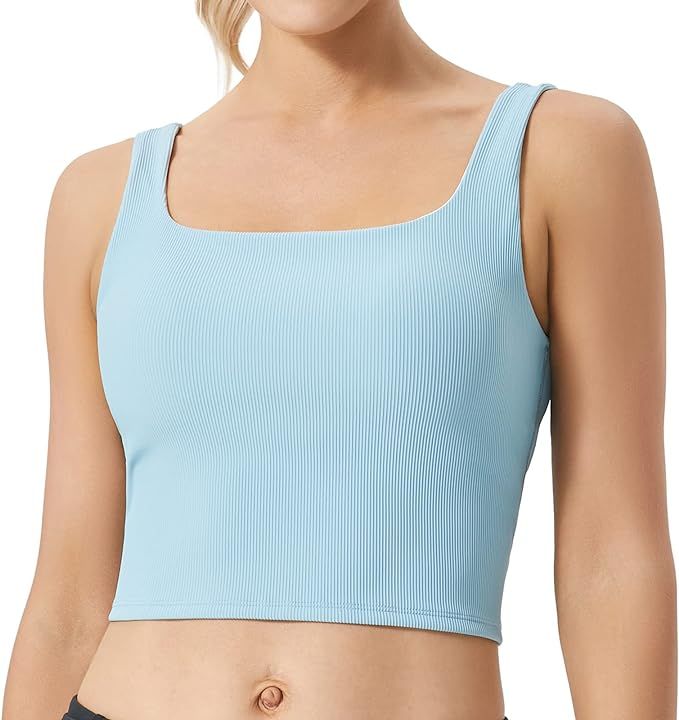 FITTIN Women's Longline Sports Bra - Ribbed Tank Top Built in Bra Workout Camisole Crop Tops for ... | Amazon (US)