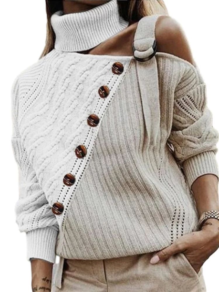 Women's Off Shoulder Long Sleeve Colorblock Sweater Fall Winter Fashion Turtleneck Jumper - Walma... | Walmart (US)