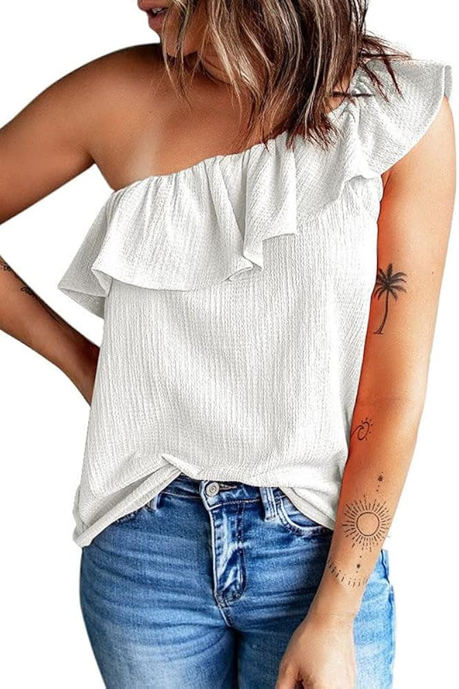 Dokotoo Womens One Shoulder Tops Ruffled Solid Tunic Shirts Sleeveless Loose Tank Top | Amazon (US)