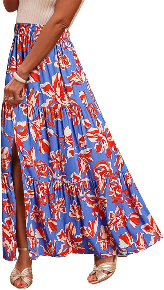 Happy Sailed Summer Skirts for Women Floral Print High Waist Flowy Split A Line Boho Maxi Skirt w... | Amazon (US)