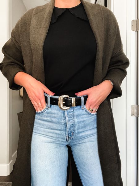 Olive green cardigan - small, statement belt - small, straight blue jeans - 28

#LTKSeasonal #LTKfindsunder100