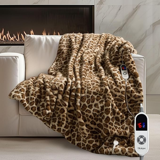 Luxury Faux Fur Heated Blanket Electric Throw - Leopard Print Ultra Soft Thick Warm Heated Blanke... | Amazon (US)