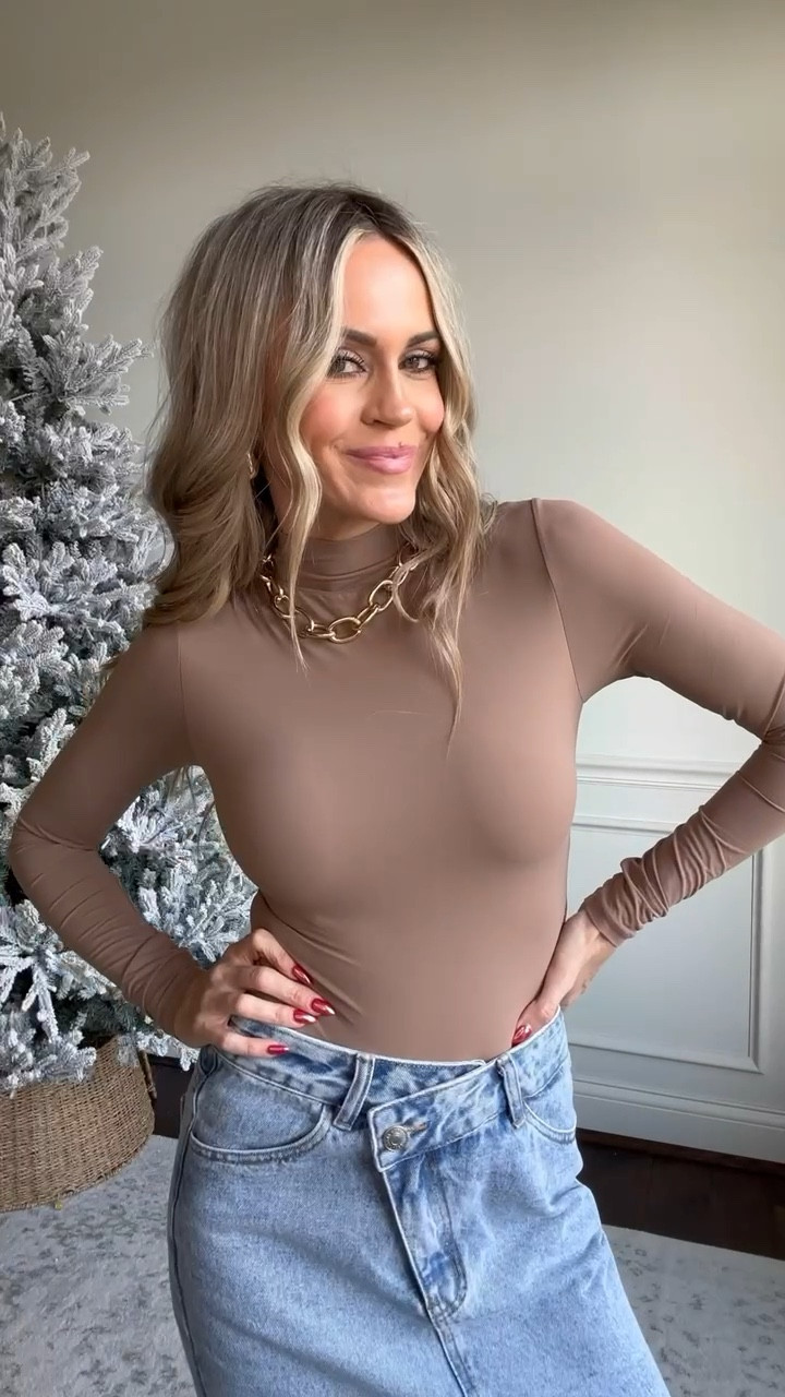 Amazon winter date night outfit idea - I love this denim midi skirt paired with neutrals - seamless mock turtleneck bodysuit, western belt, and a wool bomber jacket ✨

#LTKstyletip #LTKover40 #LTKfindsunder100