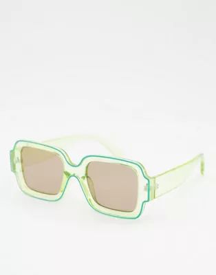 ASOS DESIGN 70s square sunglasses in yellow with green tramline | ASOS (Global)
