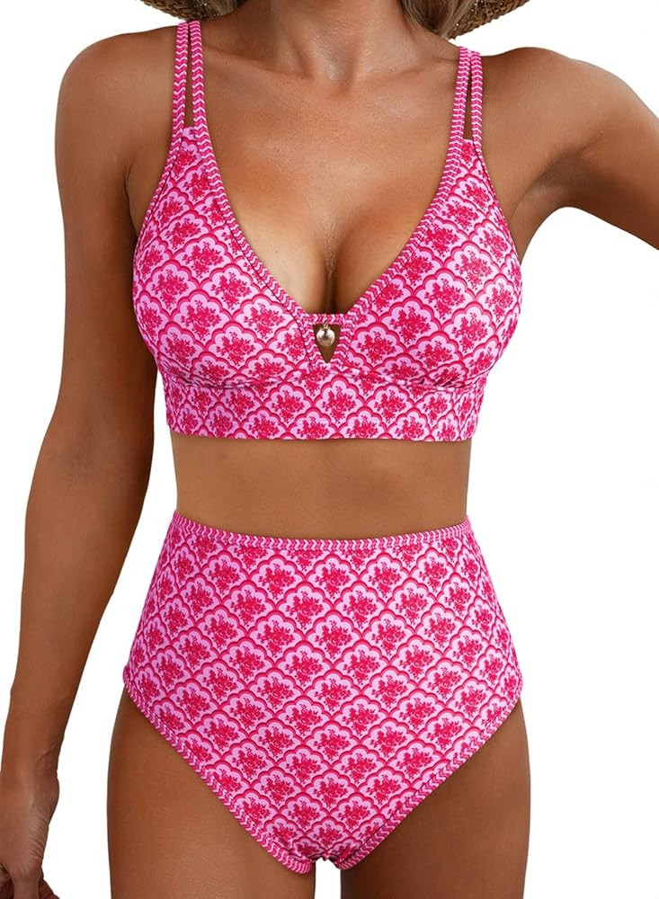 Herseas Women's 2 Piece Floral Print Bikini Sets V Neck Stitch Swimsuits High Waisted Bathing Sui... | Amazon (US)