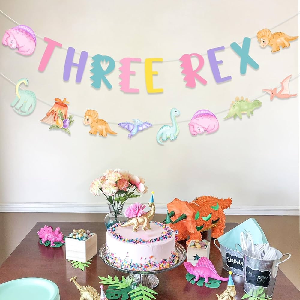 Dinosaur 3rd Birthday Banner Garland Decorations for 3 Year Old Girl, Three Rex Dinosaur Theme Bi... | Amazon (US)