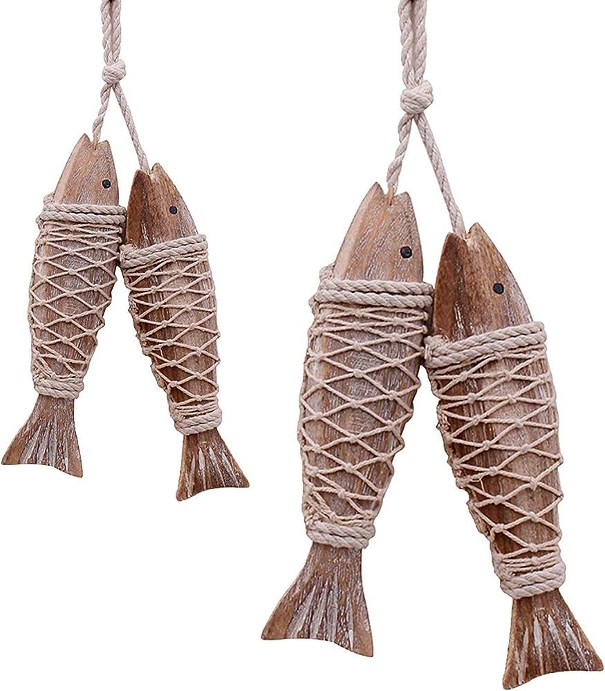 Amazon.com: Handcrafted Hanging Carved Wooden Fish,Set of 4,Nautical Ornaments Antique Home Wall ... | Amazon (US)