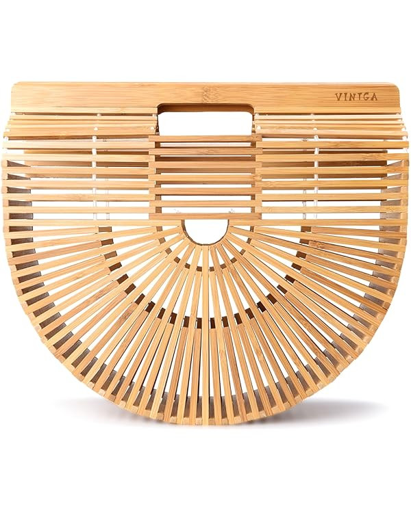 Bamboo Bags for Women Summer Straw Bags Wooden Beach Purses Basket Handle Handbags | Amazon (US)