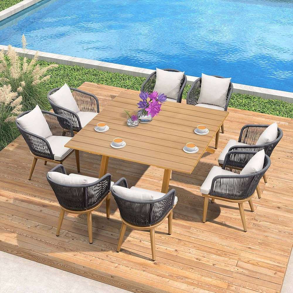 PURPLE LEAF 9 Pieces Outdoor Metal Furniture Set Patio Conversation Sets Wood Pattern Dining Set,... | Amazon (US)