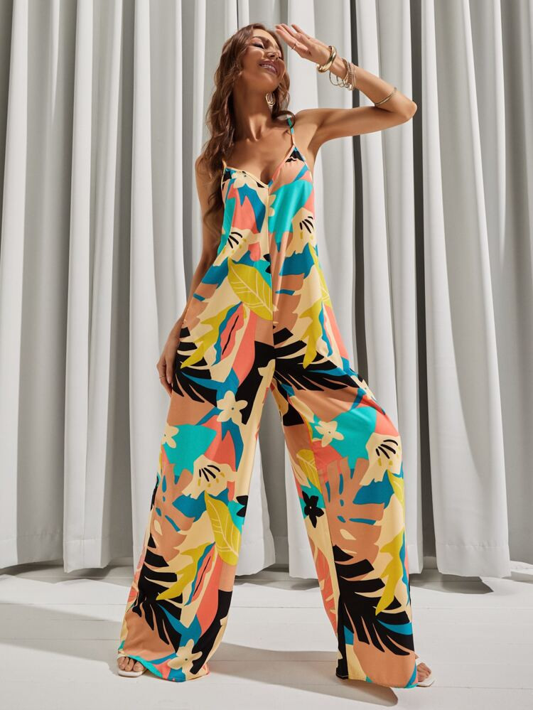 Backless Tropical Print Wide Leg Cami Jumpsuit | SHEIN