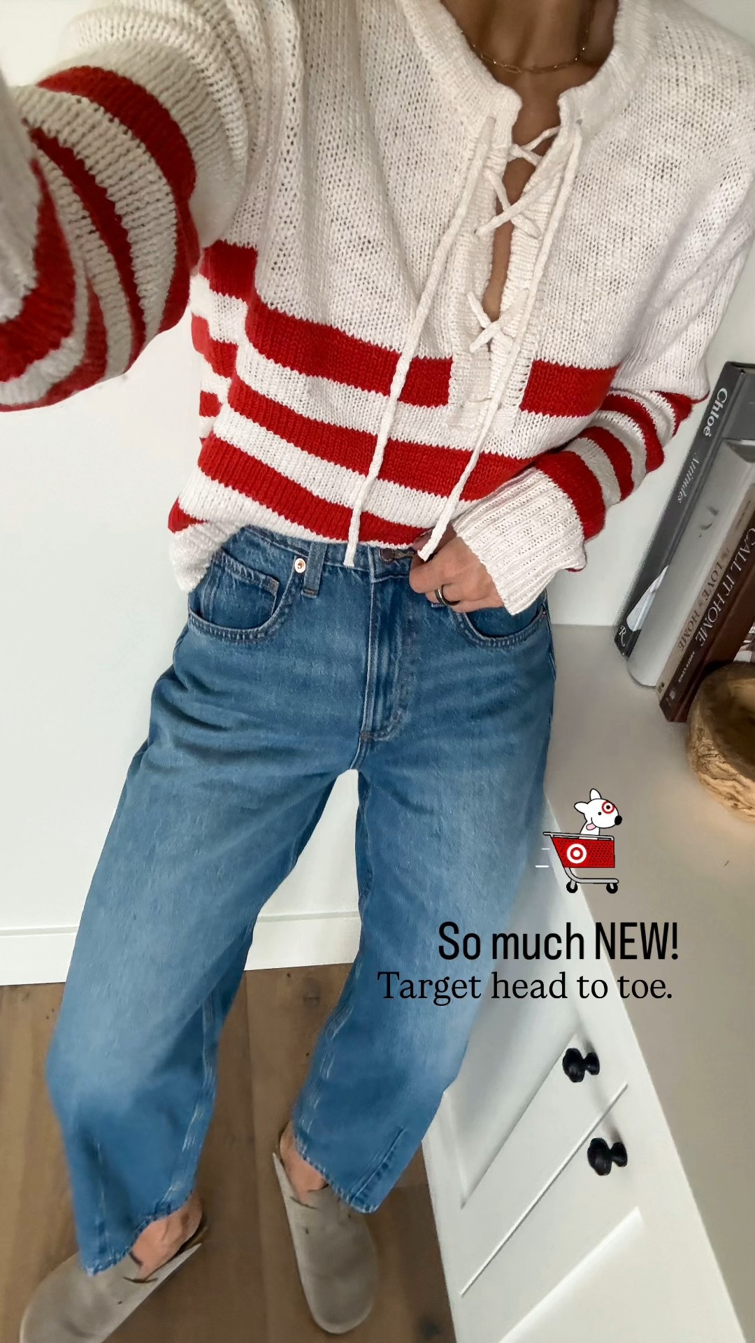 New spring arrivals at target! 
Pullover red and ivory striped knit + medium wash barrel jeans. Both fits tts, wearing a medium & size 4 in jeans

#LTKOver40 #LTKgrwm #LTKmomlife