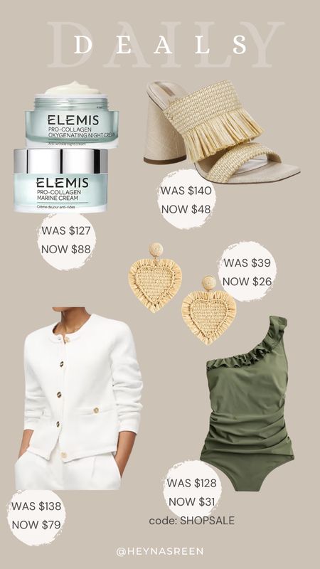 Daily deals on Elemis pro collage marine cream duo, Sam Edelman heels, J.Crew raffia earrings, J.Crew Factory lady jacket cardigan, J.Crew swimsuit 

#LTKSaleAlert