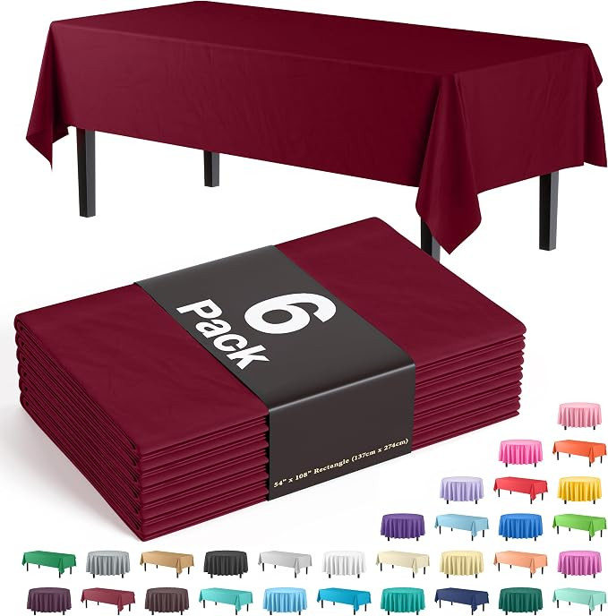 SIZE: This 54" x 108" Burgundy Plastic tablecloth will cover any table up to 8 feet. | Amazon (US)