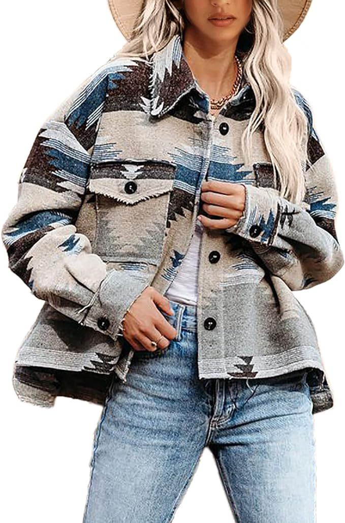Dellytop Women's Aztec Shacket Long Sleeve Button Down Collared Shirt Jacket Tops with Pockets | Amazon (US)