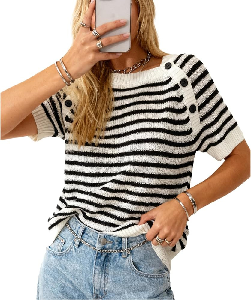 Women's Sweater Striped Pullover Crew Neck Knitted Sweater Vest Short Sleeve Tops 2026 Casual Spr... | Amazon (US)