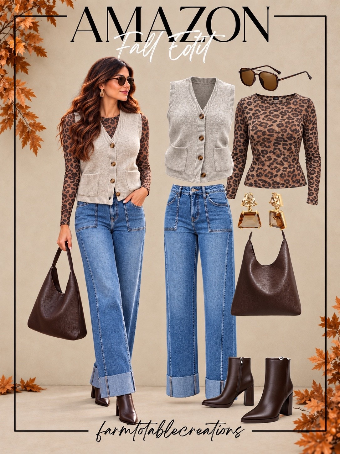 Amazon Fall Date Night Outfit 🍂🤎

This Amazon fall date night outfit is such a fun mix of cozy and elevated. The leopard-print top adds just the right amount of personality, while the neutral sweater vest and cuffed jeans keep the look casual and polished. Chocolate brown boots and a matching slouchy bag tie everything together beautifully.

I love this for dinner, drinks, a fall festival, or a casual evening out when you want something stylish without feeling too dressed up.

Follow @farmtotablecreations on Instagram for more cozy home finds and trending decor.

#LTKStyle #LTKFashion #AmazonFashion #AmazonFinds #AmazonStyle #FallDateNight #DateNightOutfit #FallFashion #LeopardPrint #CasualChic #AutumnStyle #FallOutfit #BrownAccessories #WeekendStyle #FallWardrobe

#LTKOver40 #LTKSeasonal #LTKmomlife