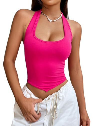 SweatyRocks Women's Asymmetrical Hem Backless Halter Top Casual Sleeveless Lace Up Back Cropped Tank Hot Pink Small | Amazon (US)