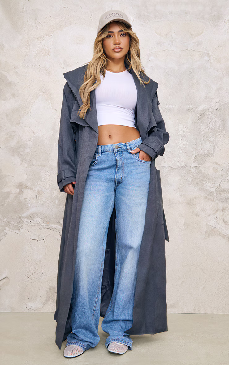 Charcoal Textured Tie Detail Oversized Trench Coat | PrettyLittleThing UK