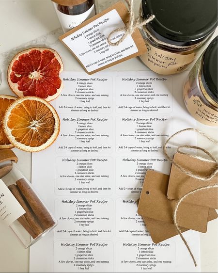 Easy simmer pot recipe gift idea! Supplies linked here. And if you want a free printable recipe label sheet pictured here, head to homeonharbor.com 

#LTKhome #LTKGiftGuide #LTKHoliday