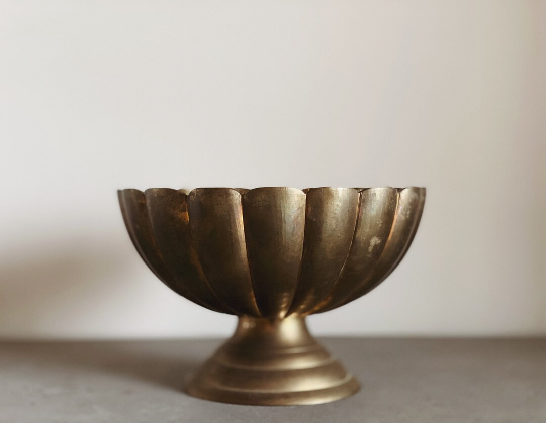 VINTAGE | scalloped brass centerpiece pedestal bowl | modern boho | eclectic brass decor | antiqu... | Etsy (US)