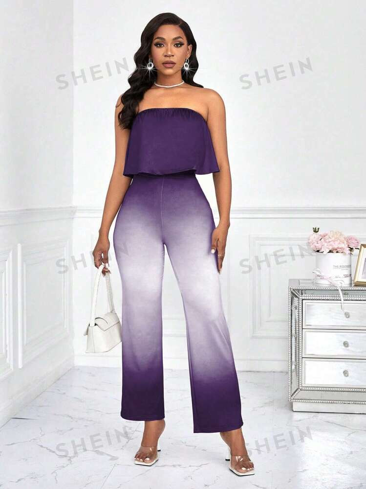 SHEIN Privé Women's Summer Fashion Solid Color Tube Top And Gradient Long Pants Two-Piece Set | SHEIN