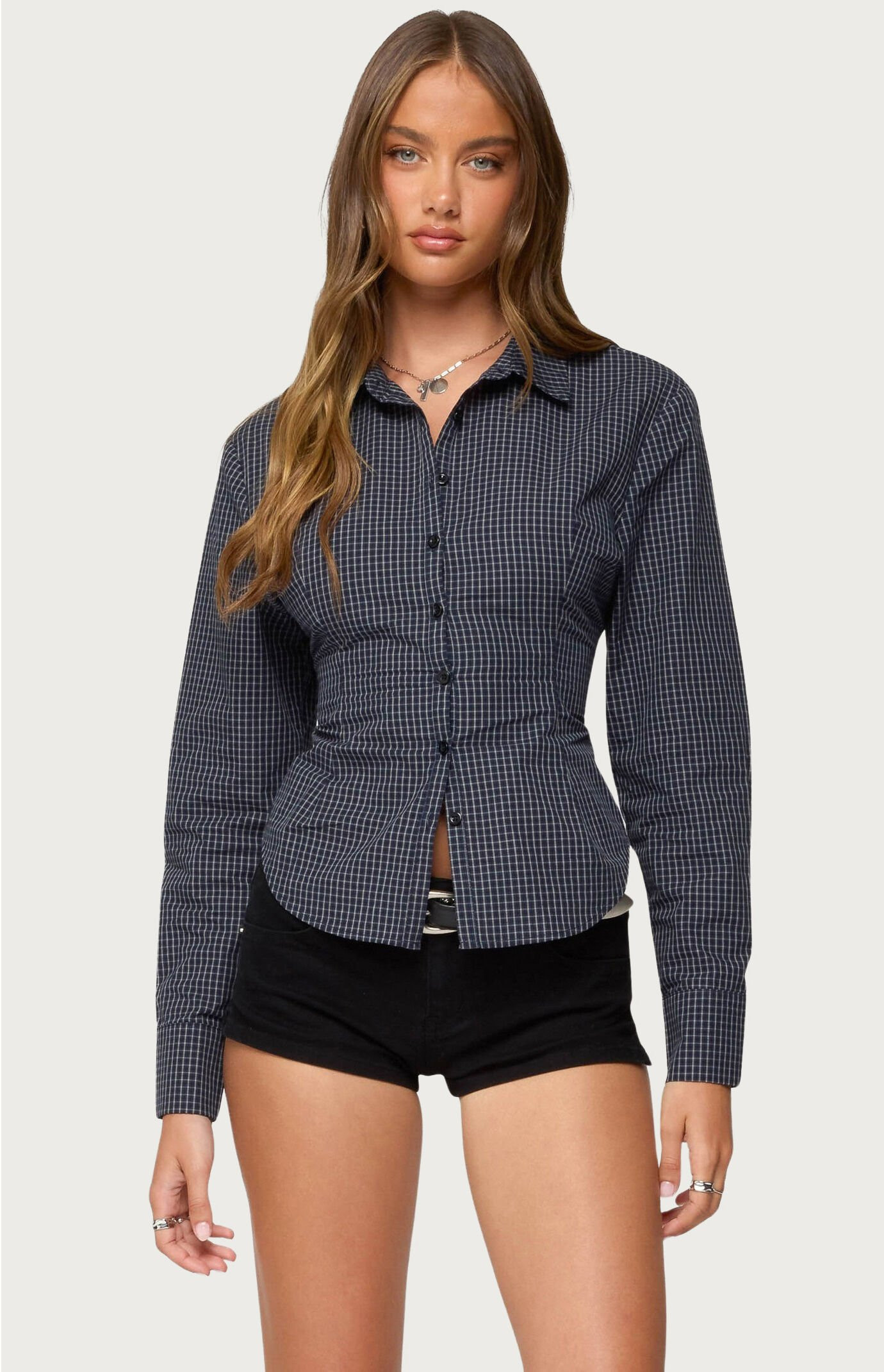 Edikted Women's Lisbet Checkered Button Up Shirt in Navy - Size XS | PacSun
