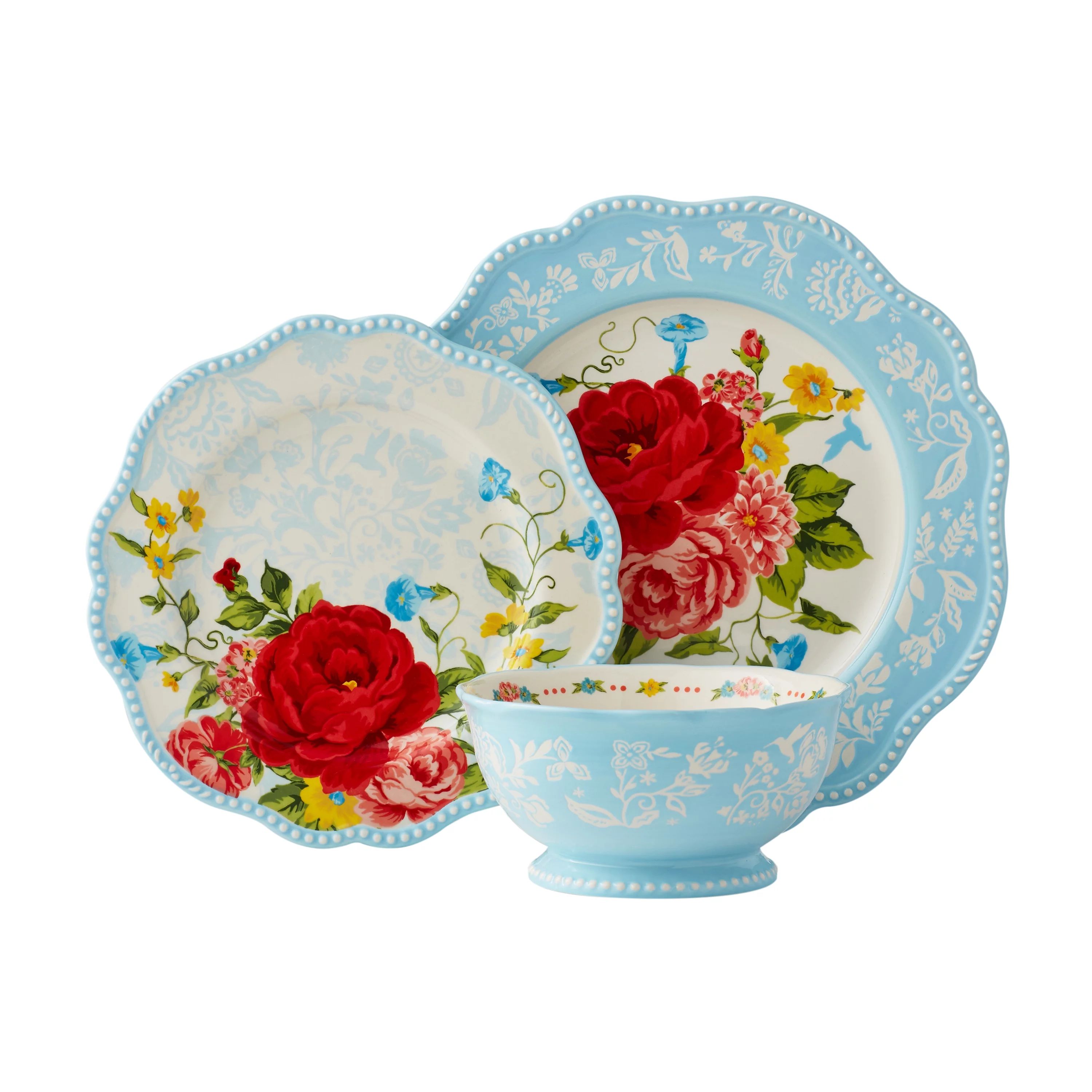 The Pioneer Woman Sweet Rose Light Blue Stoneware 12-Piece Dinnerware Set | Walmart (US)