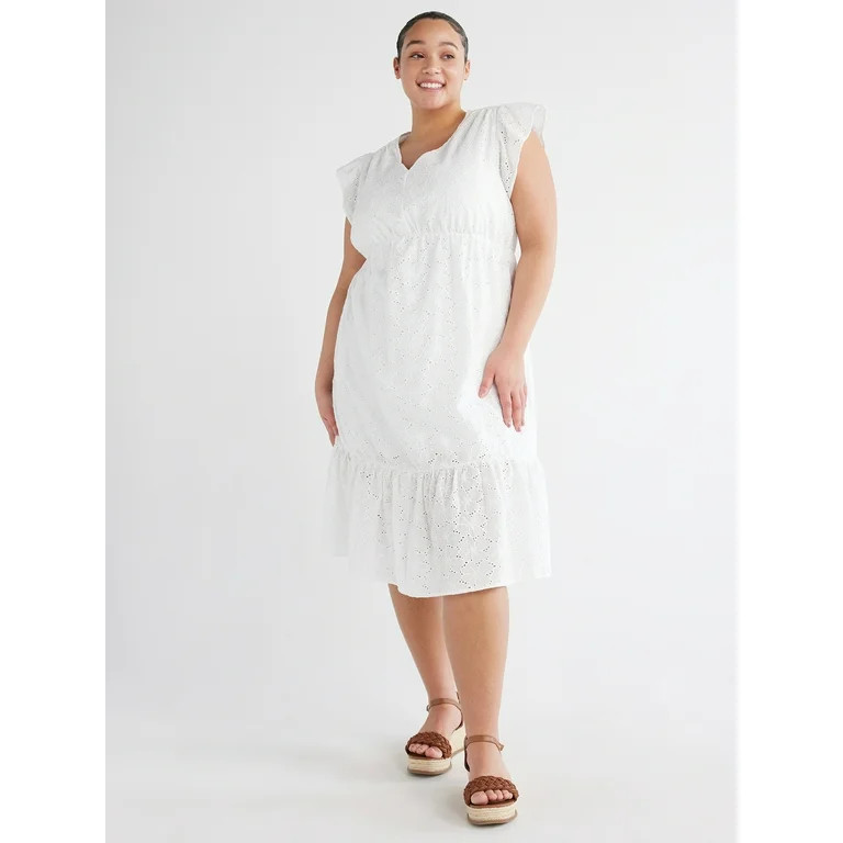 Time and Tru Women's Floral Eyelet Dress with Flutter Sleeves, Sizes XS-4X | Walmart (US)