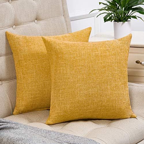 Anickal Set of 2 Mustard Yellow Farmhouse Pillow Covers Cotton Linen Decorative Square Throw Pill... | Amazon (US)