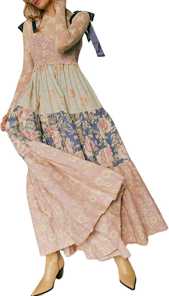 Women Summer Maxi Dress Floral Smocked Shirred Long Dress Boho Sleeveless Tie Shoulder Sundress | Amazon (US)