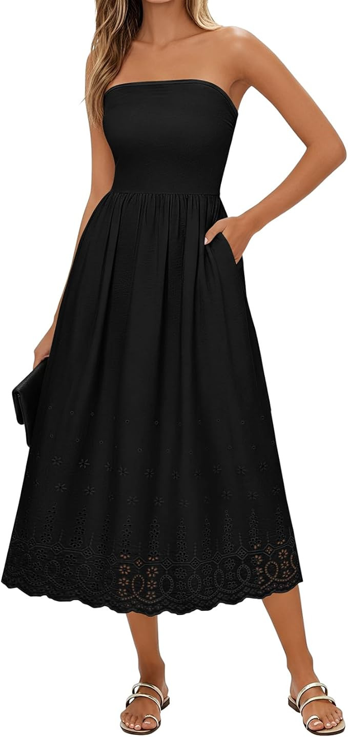 Lazysmile Summer Boho Maxi Dress for Women Strapless Tube Top Lace Trim A Line Beach Casual Long ... | Amazon (US)