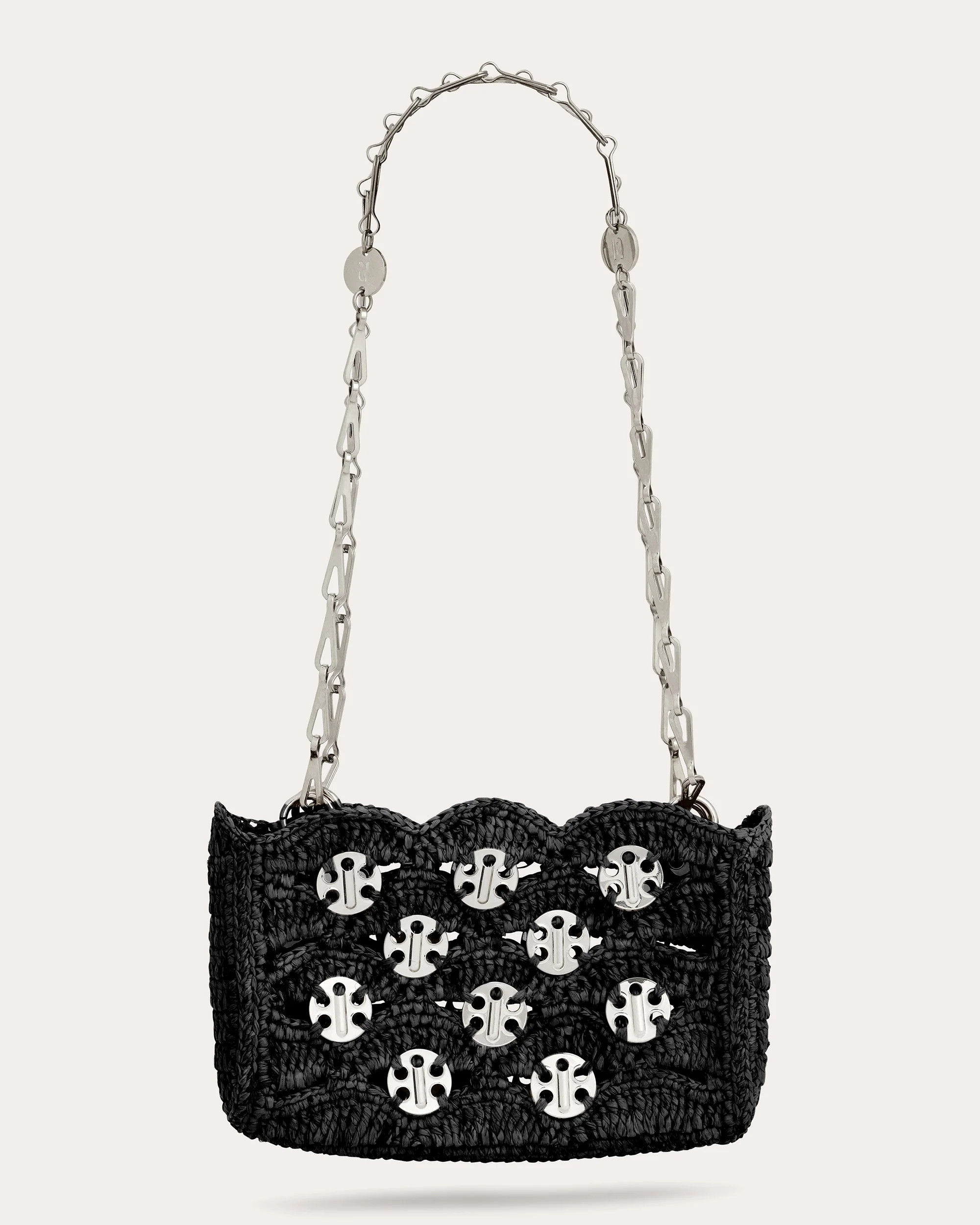 Rabanne Women's 1969 Nano Chainmail Embellished Raffia Shoulder Bag in Black Natural Raffia | Olivela