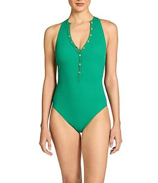 ROBIN PICCONE Amy Solid High V-Neck Open Back One Piece Swimsuit -  14 | Dillard's