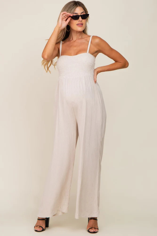 Beige Smocked Linen Wide Leg Maternity Jumpsuit | PinkBlush Maternity