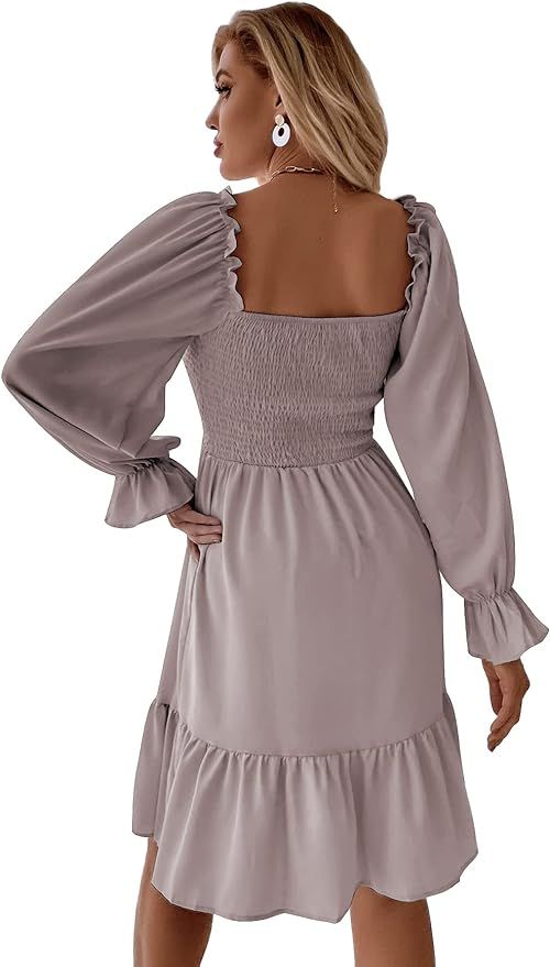 SheIn Women's Shirred Ruffle Long Sleeve Mini Dress Square Neck Flowy A Line Short Dresses | Amazon (US)