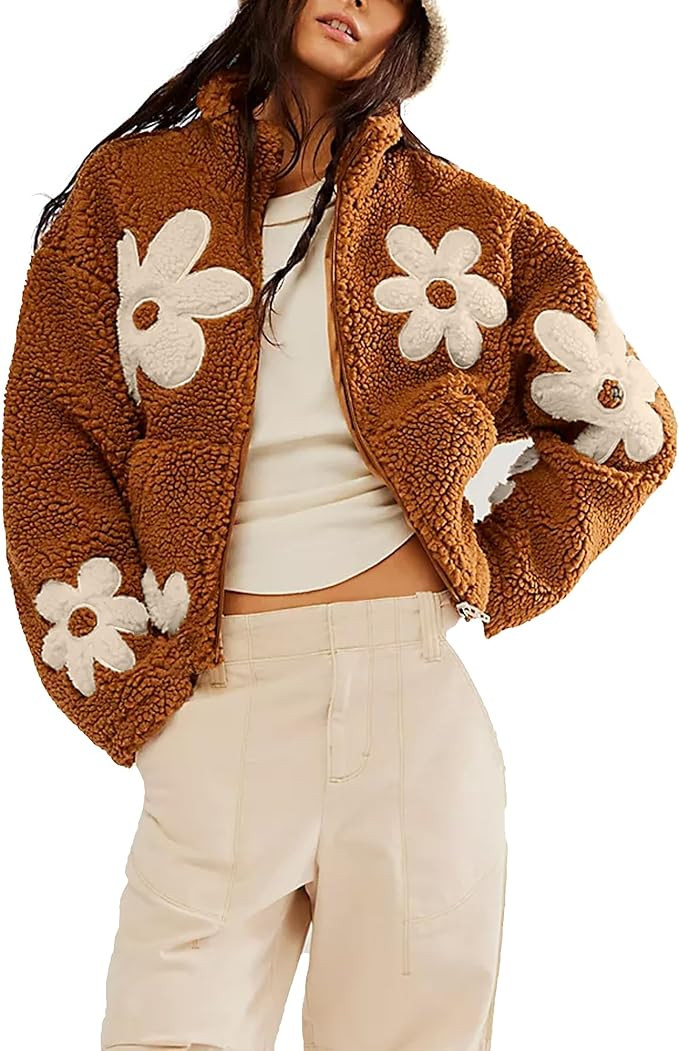 Maixang Womens Floral Print Sherpa Fleece Jackets Winter Zipper Cropped Coat Casual Long Sleeve O... | Amazon (US)