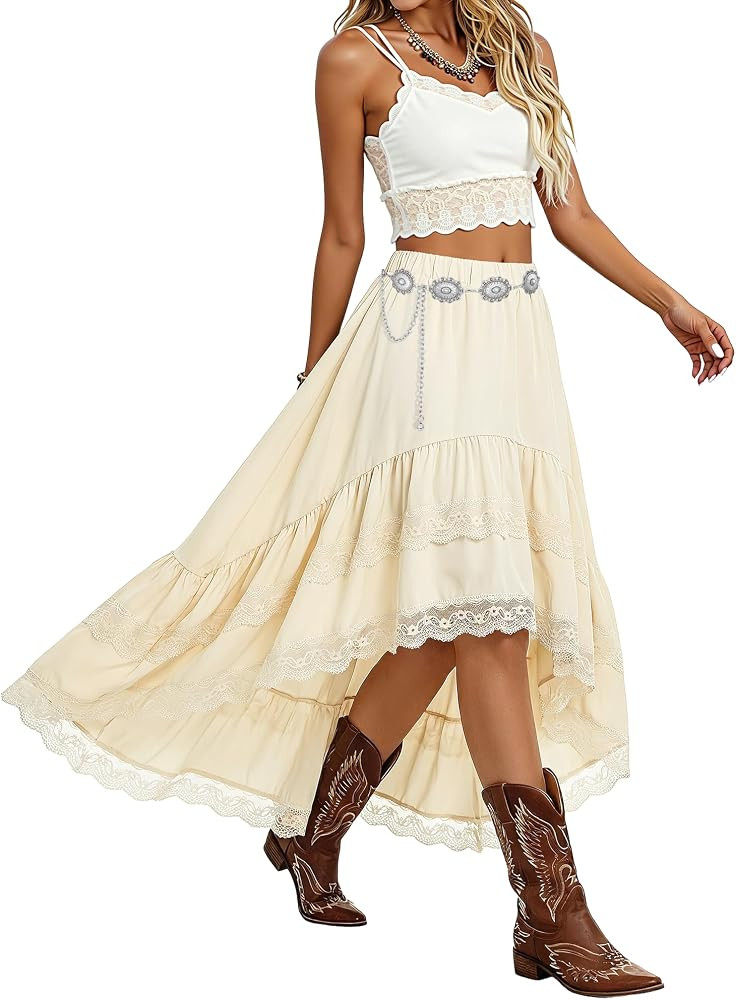 Women's Western Boho High Waist Lace Trim Skirt Asymmetrical Tiered Cowgirl Midi Skirt for Countr... | Amazon (US)