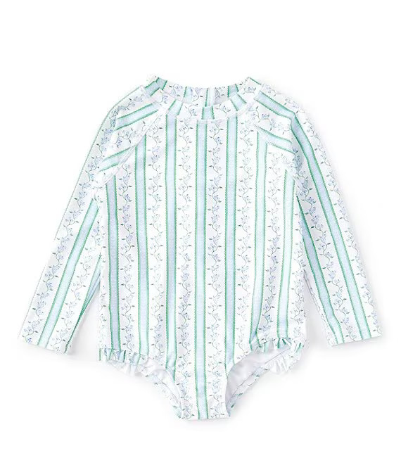 x Pearly Gates Little Girls 2T-6X Long-Sleeve Floral Stripe Rashguard One-Piece Swimsuit | Dillard's