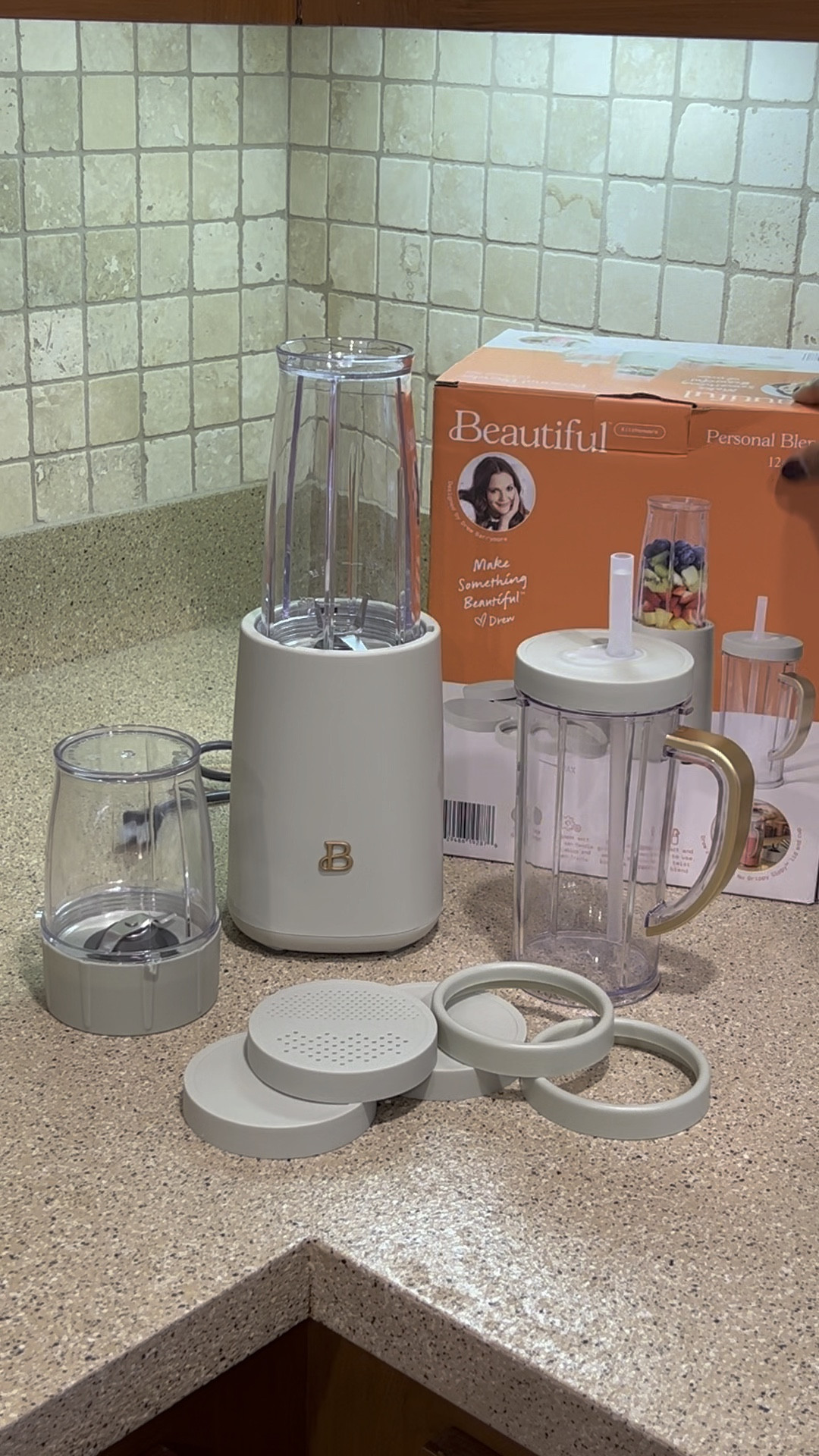 Beautiful 2-Speed Immersion Blender with Chopper & Measuring Cup, Oyster  Grey by Drew Barrymore