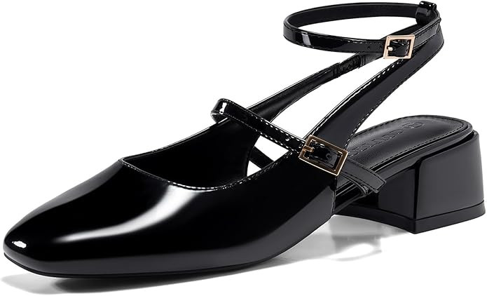 Coutgo Womens Mary Jane Chunky Low Heels Closed Square Toe Ankle Strap Pumps Wedding Party Dress ... | Amazon (US)