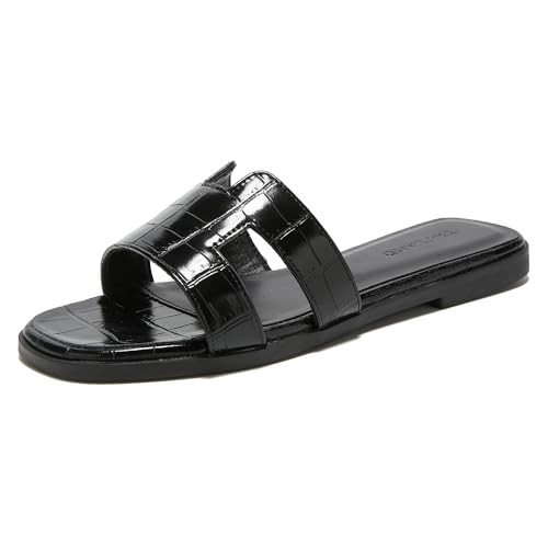 TRULAND H Strap Flat Slide Sandals for Women - Cute Fashion Open Square Toe Summer Dressy Sandals (9 US,Black Croco) | Amazon (US)