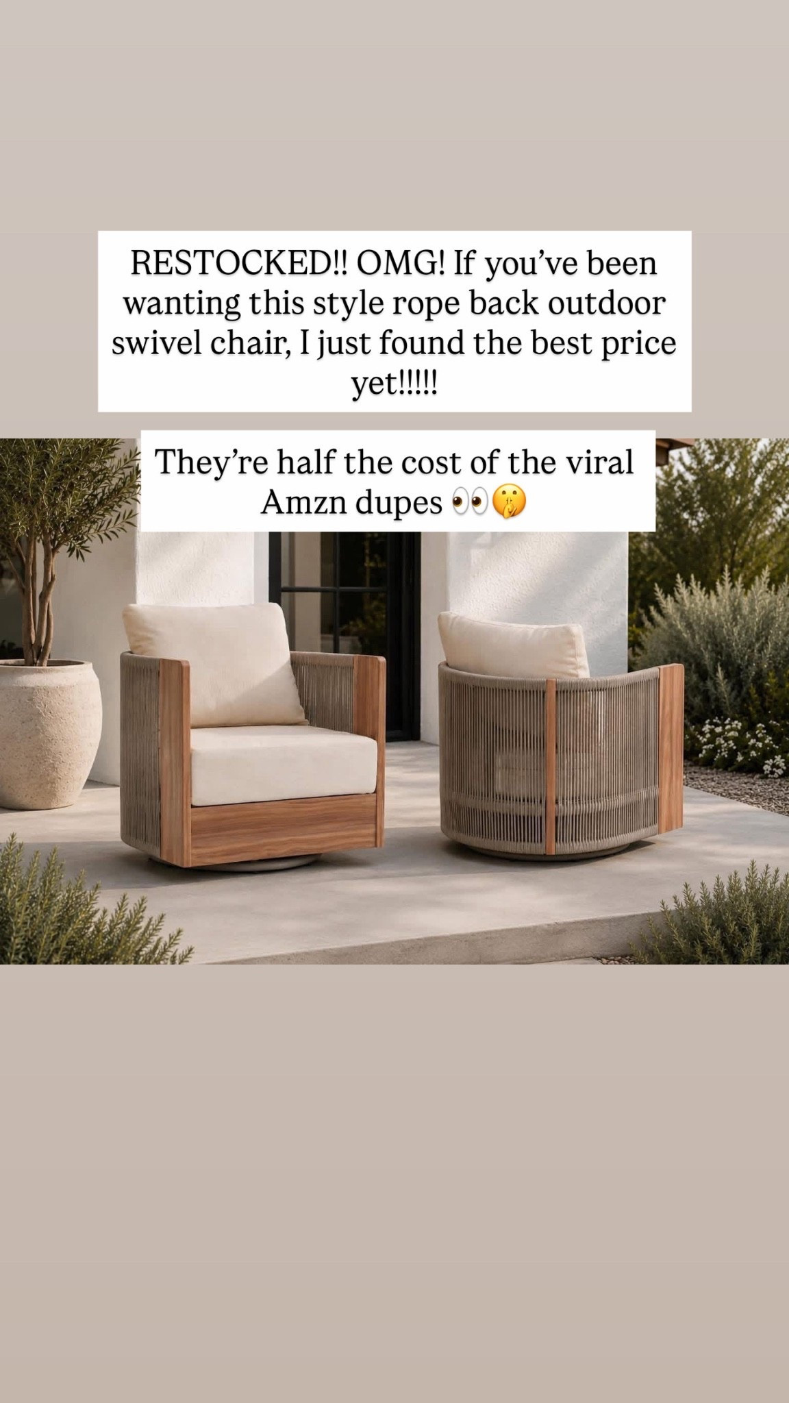 RESTOCKED!! OMG! If you’ve been wanting this style rope back outdoor swivel chair, I just found the best price yet!!!!!

They’re half the cost of the viral Amzn dupes 👀🤫