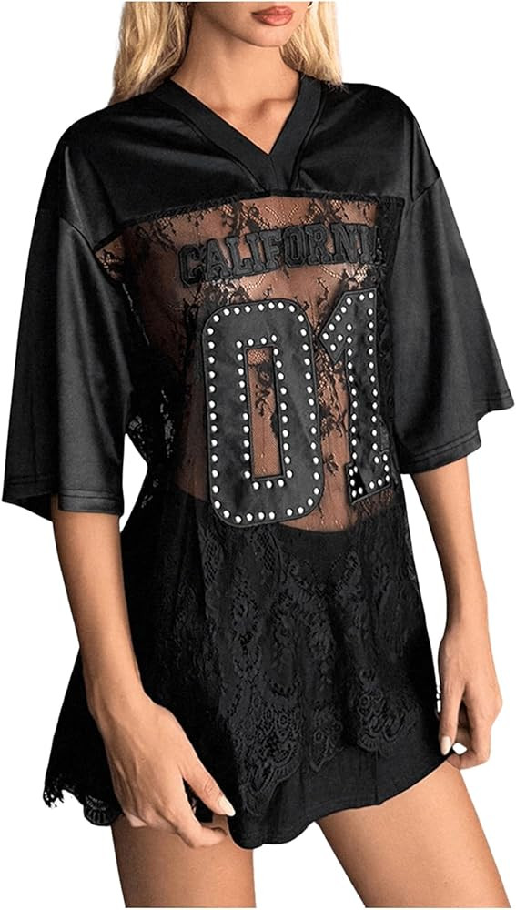 Women's Y2K Jersey Shirt Letter Graphic Beaded Short Sleeve See Through T Shirts V Neck Mesh Shee... | Amazon (US)