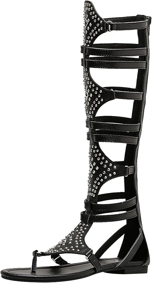 ANUFER Womens Knee High Roman Gladiator Sandals Rivets Studded Strappy Zipper Thong Sandals | Amazon (US)